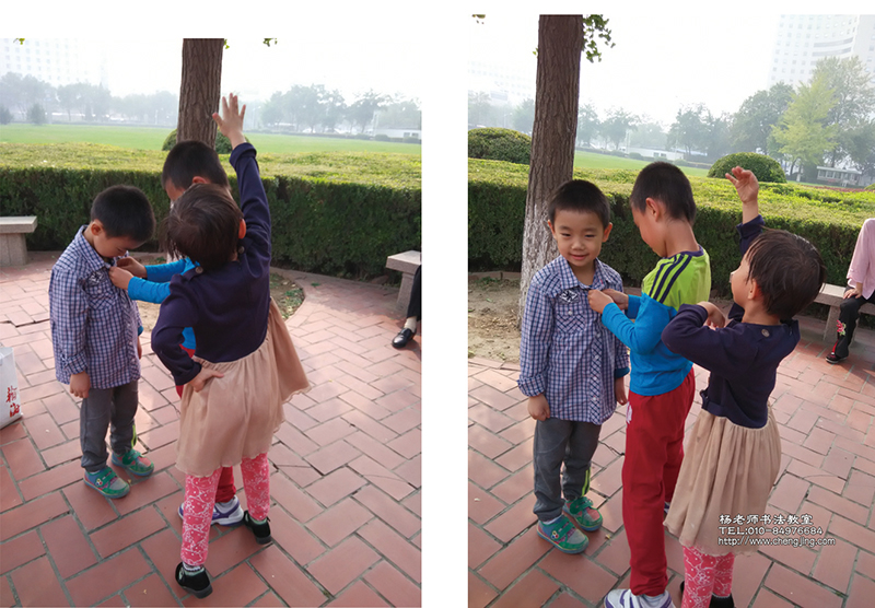 學長幫助學弟系紐扣，忙得滿頭大汗，旁邊熱心的同學趕緊用小手當扇子來為學長送涼風，同學們彼此親如兄妹。《弟子規》兄友弟恭，落實的真好